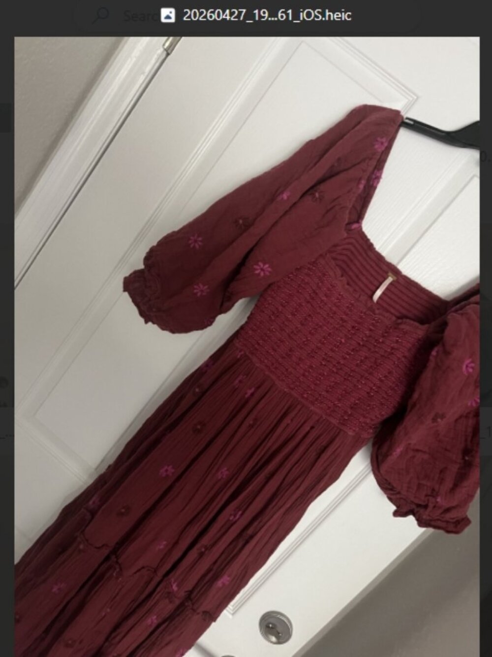 Free People Dahlia Embroidered Maroon Dress Gauzy Smocked Puff Sleeves sz lg - Picture 4 of 6